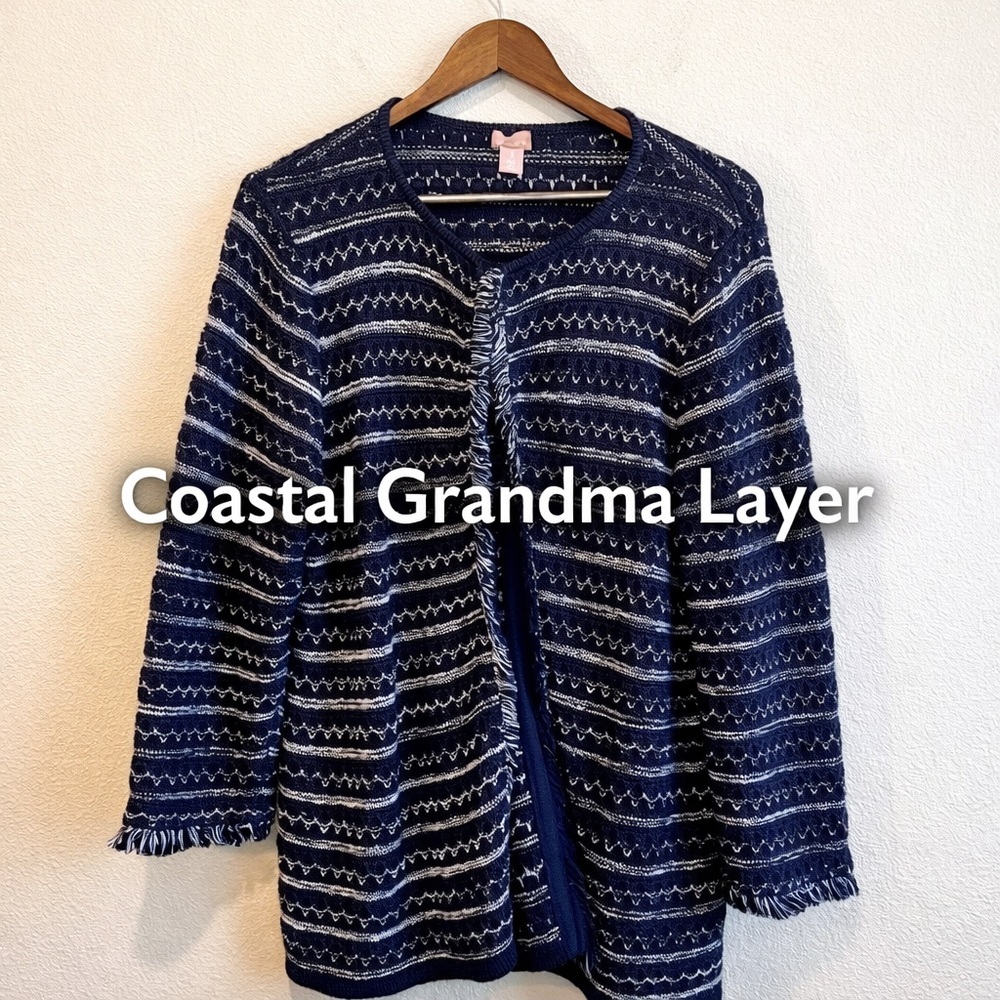 Coastal Grandma Navy Stripe Cardigan Nautical Chic Layer XL